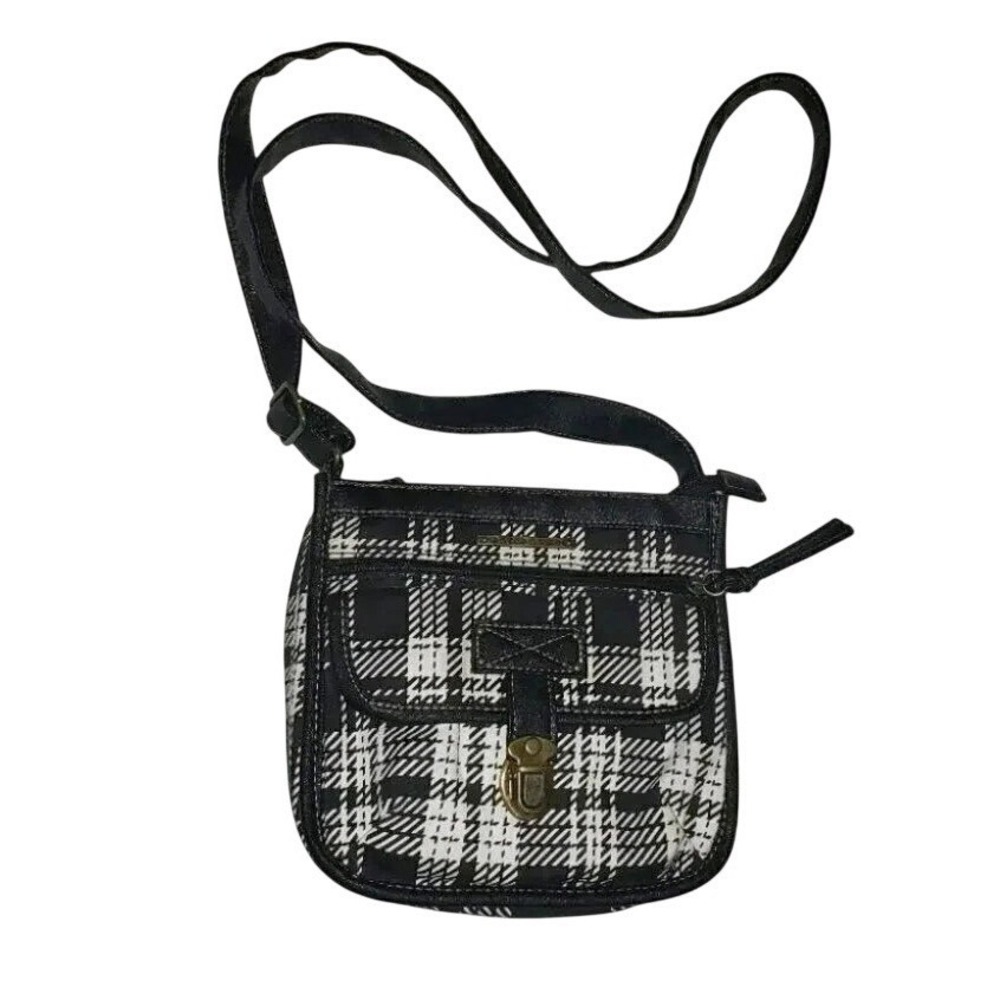 Joe Boxer Crossbody Bag Small Black White Plaid Canvas Adjustable Strap Pocket